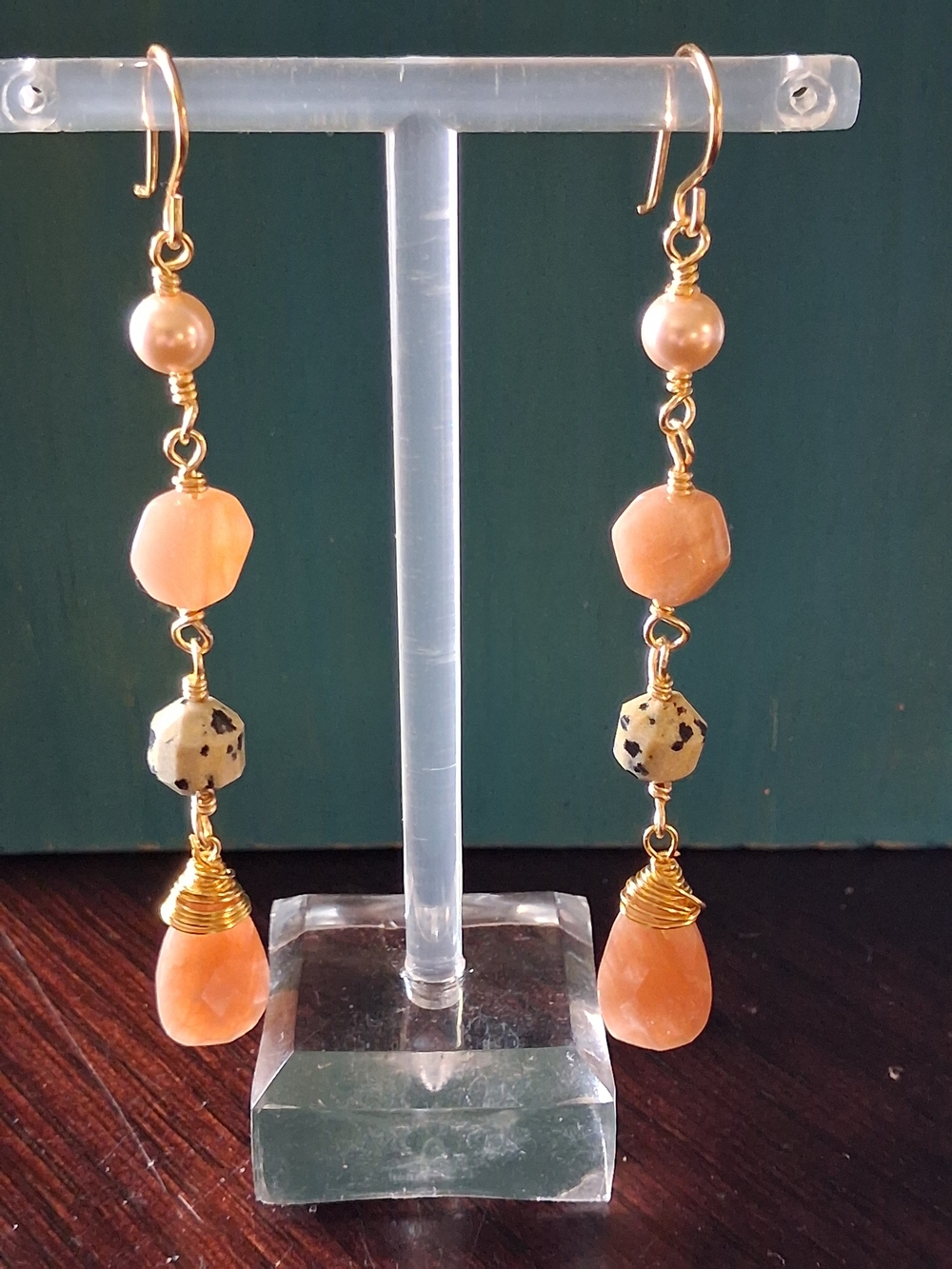 Handcrafted Peach Stone Drop Earrings - Gold Accent